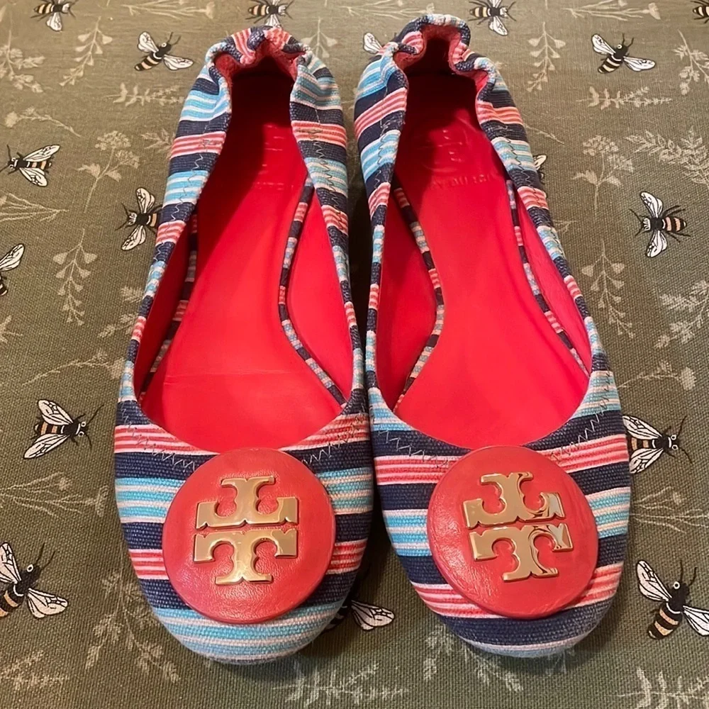 Tory Burch Reva Bauer Stripe A/Habenero Pepper multicolored Ballet Flats sz 6.5